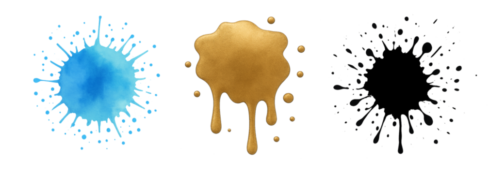 Blue, Golden and black ink splash and blob pack - 3 elements in one set Isolated on Transparent Background - Powered by Adobe