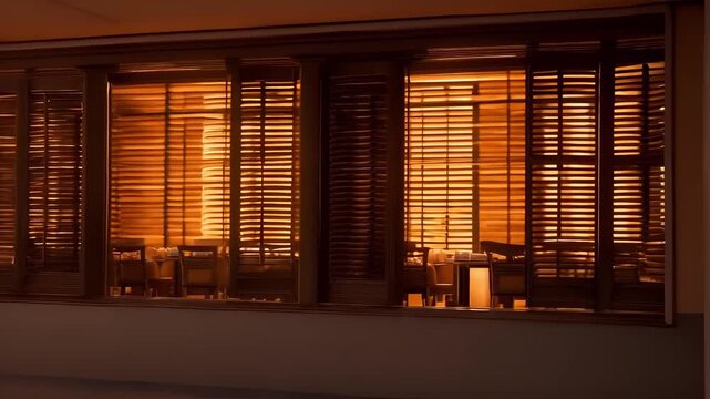 Warm sunlight illuminating restaurant interior through venetian blinds