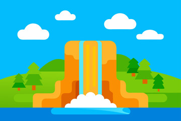 Waterfall landscape with trees and clouds