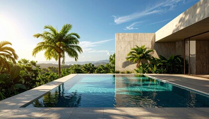 Fototapeta premium serene poolside scene with tropical plants casting shadows on a concrete wall