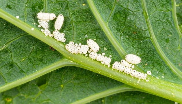 Close-up of white insect eggs on a leaf