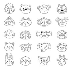 Animal face character set in outline line art showing many different emotions with funny different heads in farm, jungle, forest, marine, domestic and wild adorable