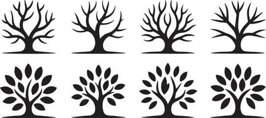 Set of six black silhouette branch trees with different shapes and styles, perfect for nature design, illustrations, branding, and decorative projects.