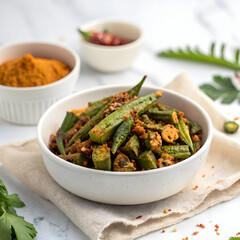 Crispy okra fry served in a bowl, seasoned with Indian spices, sauted to golden perfection,