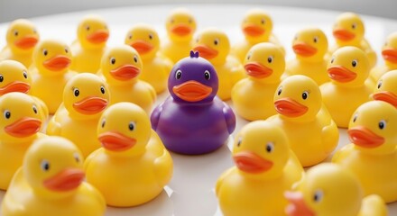 A single purple rubber duck stands out amongst a crowd of yellow rubber ducks.