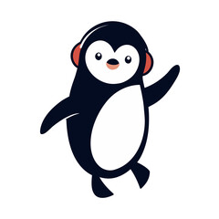 Naklejka premium Cute cartoon penguin wearing headphones waving hello with a friendly smile on a black background