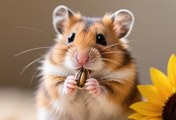 Cute hamster holding sunflower seed indoor animal photography close-up