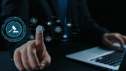 Futuristic digital law interface displaying justice scale, highlighting digital law, AI compliance,...