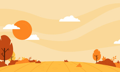 Fototapeta premium Illustration vector graphic of autumn landscape with orange sun, trees, and sky background, perfect for seasonal design, greeting cards, wallpapers, and fall nature themes.