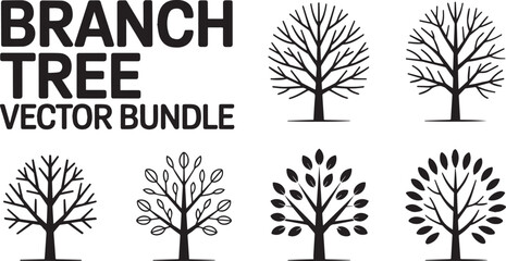 Set of six black silhouette branch trees with different shapes and styles, perfect for nature design, illustrations, branding, and decorative projects.