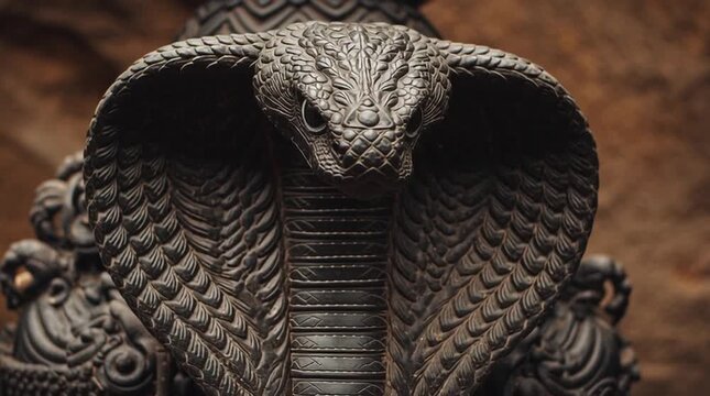 Close up of a detailed cobra statue with its hood flared and tongue sticking out prominently carved