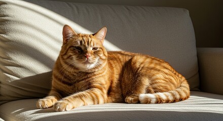 Relaxing Orange Tabby Cat Lounging on Cream Couch in Sunlight