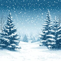 Fototapeta premium Beautiful winter landscape with two large coniferous trees covered with a snow cap on both sides of the snowy path. Snow falls smoothly, creating an atmosphere of tranquility and celebration under 