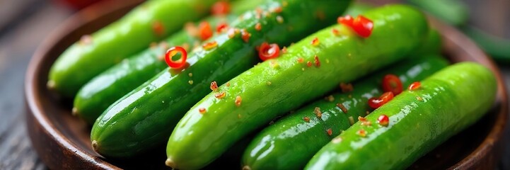 Close-up of vibrant green spicy cucumbers, glistening with chili oil, ready to be eaten Perfect for Asian cuisine or spicy snacks , spicy food, chilli