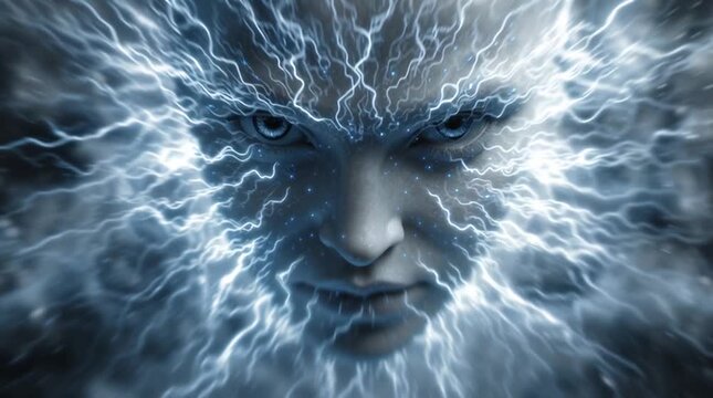 A face surrounded by lightning strikes with intense eyes and a determined expression on the face