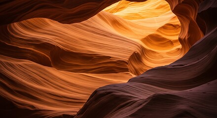 Obraz premium Sunlight filters through the sandstone walls of Antelope Canyon, creating warm hues and intricate patterns in the natural rock formation, showcasing the beauty of nature.