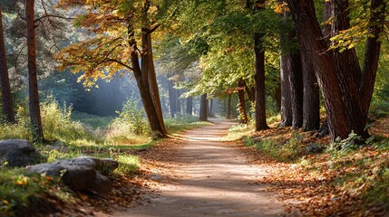 Fototapeta premium Peaceful Forest Path Autumn Sunlight Nature Walk Trees Golden Light Natural Beauty