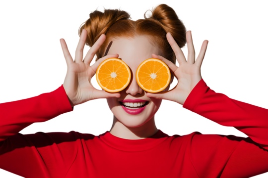 Playful Red-Haired Woman Holding Orange Halves Over Eyes – Colorful Pop-Art Style Portrait PNG on Transparent Background