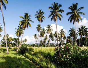 Fototapeta premium Tropical palm grove, bright sky, lush vegetation