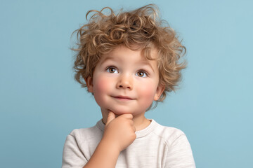 A small child with curly hair and fair skin, who thoughtfully holds his hand to his chin and looks slightly upward. The concept of curiosity, imagination and childish spontaneity.