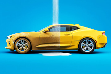 Yellow sports car covered with thick foam on a light blue background. Luxury and aesthetics. Automatic car wash services.