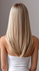 Fototapeta premium Beautiful blonde layered hair back view salon hairstyle long straight cut