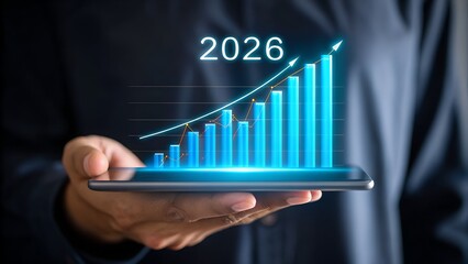 Businessman holding a smartphone displaying a holographic bar chart showing a successful growth projection for the year 2026.
