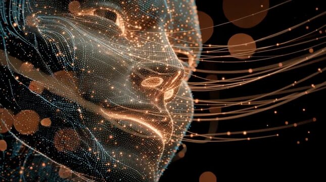 Abstract glowing face profile with flowing lines and particles on a dark background artifical intel