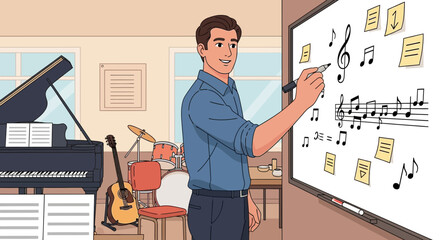 Illustrative scene depicting a music teacher explaining musical theory on a whiteboard with