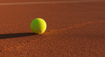 Tennis ball casting shadow on textured clay court surface in warm sunlight