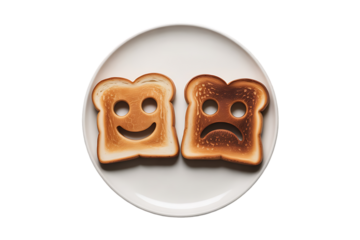 Anthropomorphized Toast Slices with Smiley and Sad Faces on White Plate – Minimalist Food PNG on Transparent Background