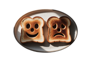 Anthropomorphized Toast Slices with Smiley and Sad Faces on White Plate – Minimalist Food PNG on Transparent Background