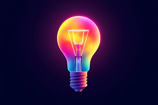 Colorful glowing light bulb illustration with vibrant rainbow gradient colors and filament against a dark background