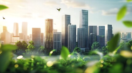Sustainable and green cityscape with lush foliage and modern skyscrapers photo