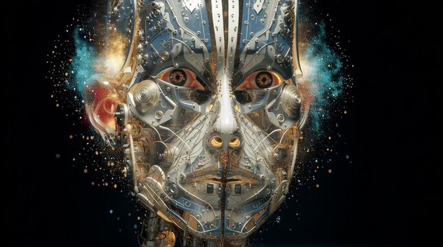 Side view of a detailed metallic robot head with exploding particles on a black background design