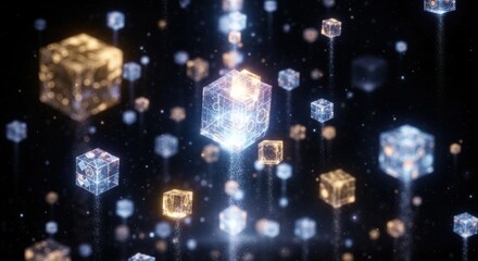 Abstract digital cubes floating with light rays against a dark background, creating a futuristic, technological atmosphere.