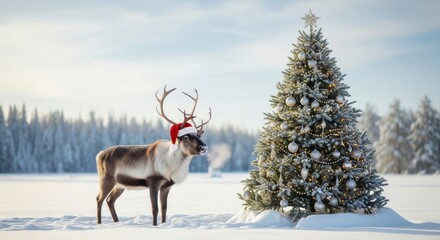 A reindeer wearing a Santa hat stands in a snowy landscape next to a decorated Christmas tree.