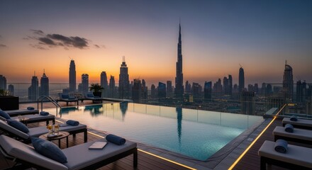 Fototapeta premium Rooftop infinity pool overlooking Dubai's stunning skyline at sunset.