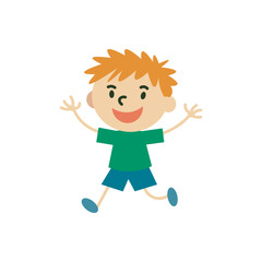 Happy boy cartoon character. Cute vector of a smiling, jumping boy, playful illustration for kids' designs.