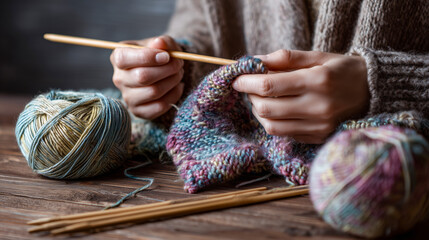 Homemade Knitting with Wool Threads and Wooden Needles for Warm Winter Clothes