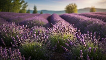Obraz premium A peaceful lavender field in bloom, with deep purple hues dancing in the wind, creating a serene and fragrant spring landscape.