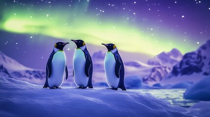 Three king penguins under a spectacular aurora borealis photo in a winter antarctic landscape