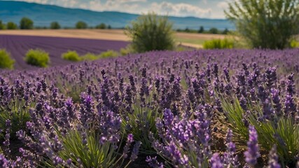Naklejka premium Endless rows of vibrant purple lavender flowers stretch across the field, swaying gently in the spring breeze under a clear blue sky.