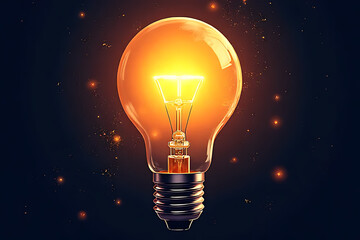 Illuminated lightbulb with bright glowing filament and base against a dark background with scattered orange particles