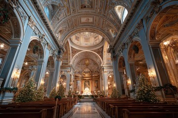 Obraz premium Christmas trees decorating majestic baroque church interior