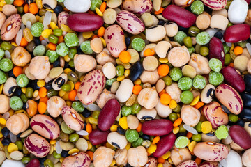 Legumes, a set consisting of different types of beans, lentils and peas