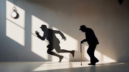 Shadow of an elderly man with a cane contrasted by an active silhouette illustrating age-related mobility difficulties concept