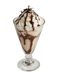 Decadent Chocolate Sundae: A delicious sundae of creamy ice cream and swirls of rich chocolate sauce in an elegant glass, promising a moment of pure indulgence and sweet delight.