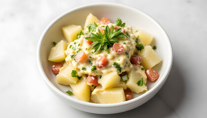 Photorealistic potato salad with herbs in white bowl, culinary art