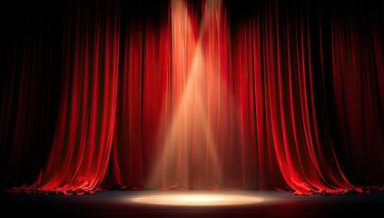 A stage illuminated by spotlight beams through deep crimson velvet curtains.
